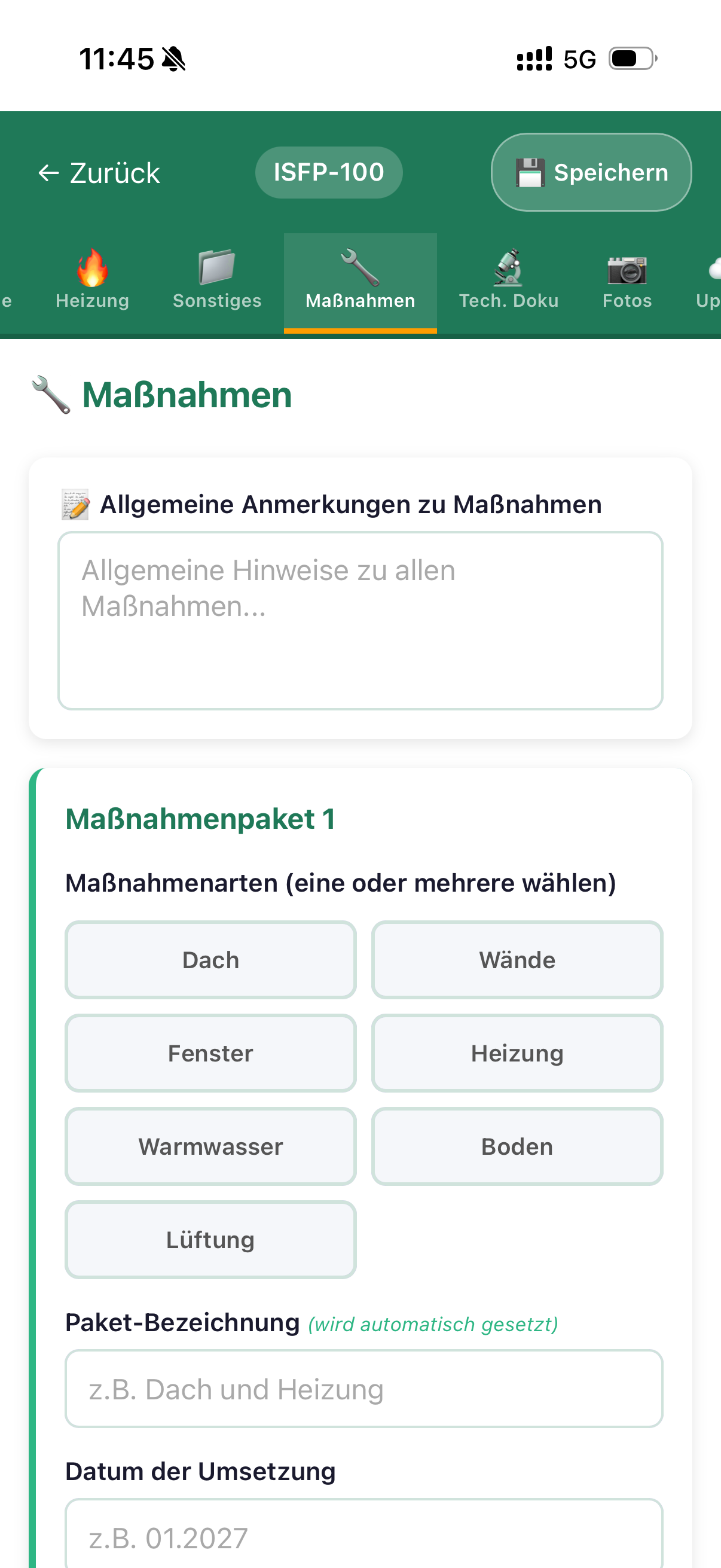 Erfassung der Maßnahmen